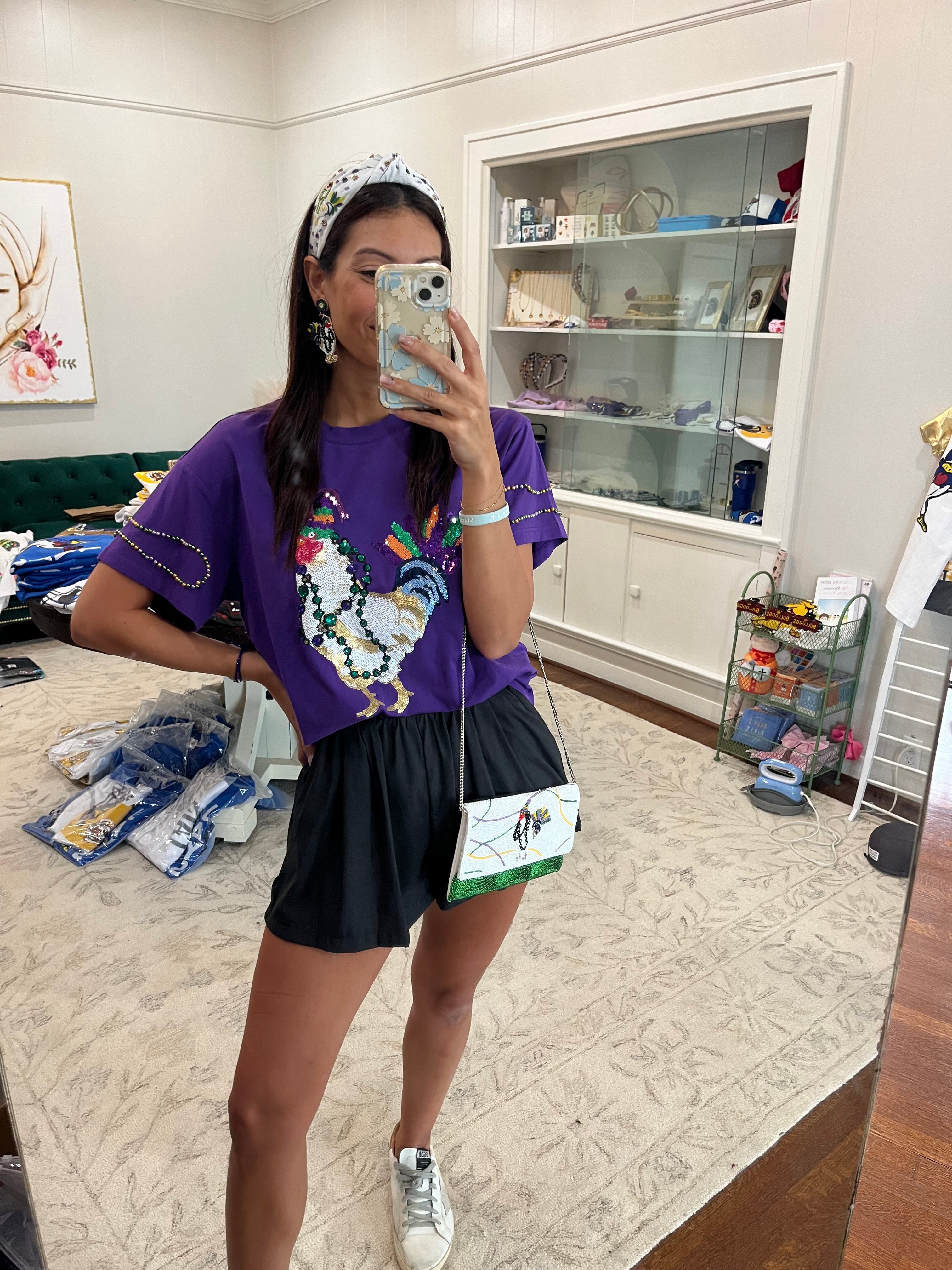 Purple fancy chicken tee