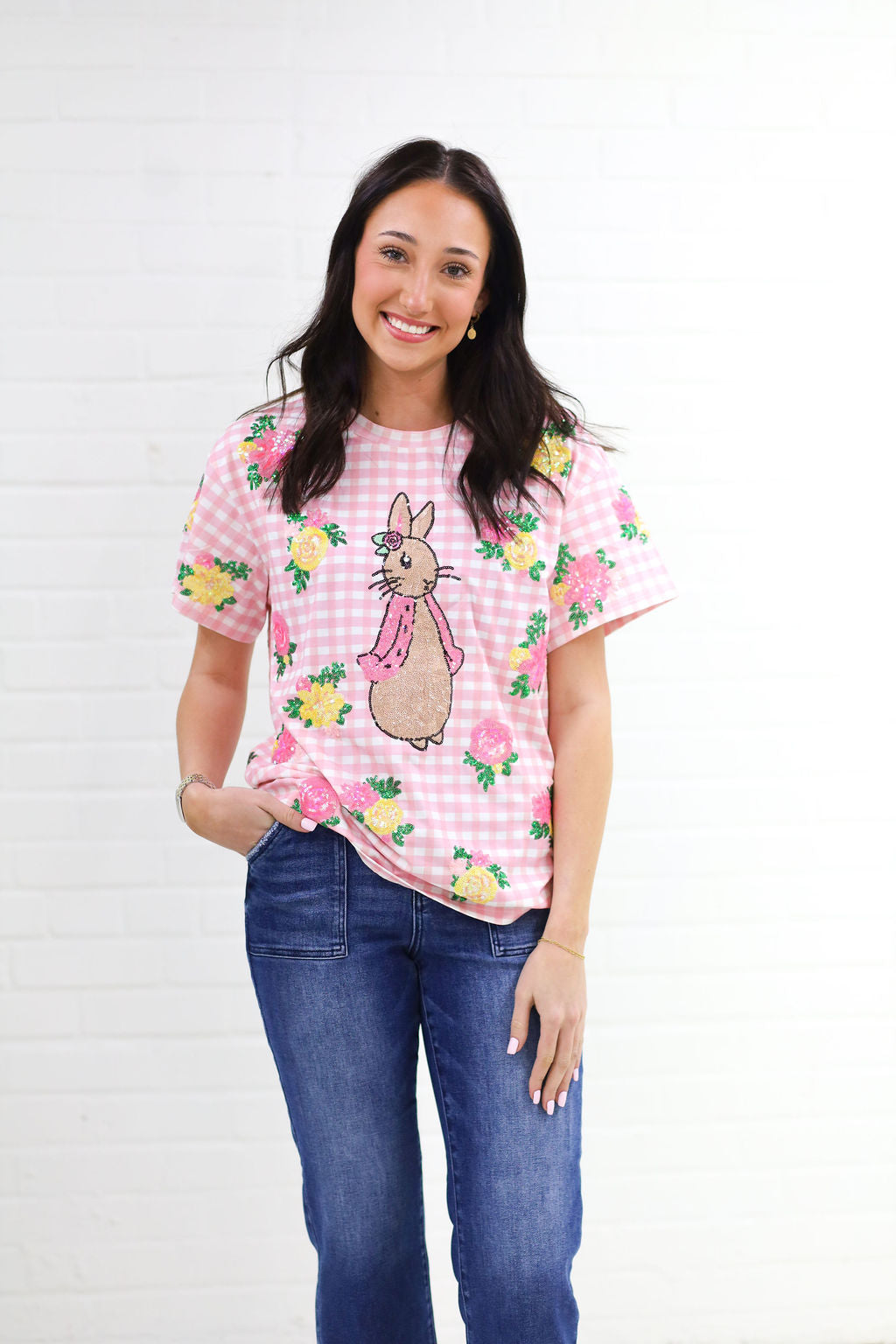 Adult Bunny in Bloom gingham Tee