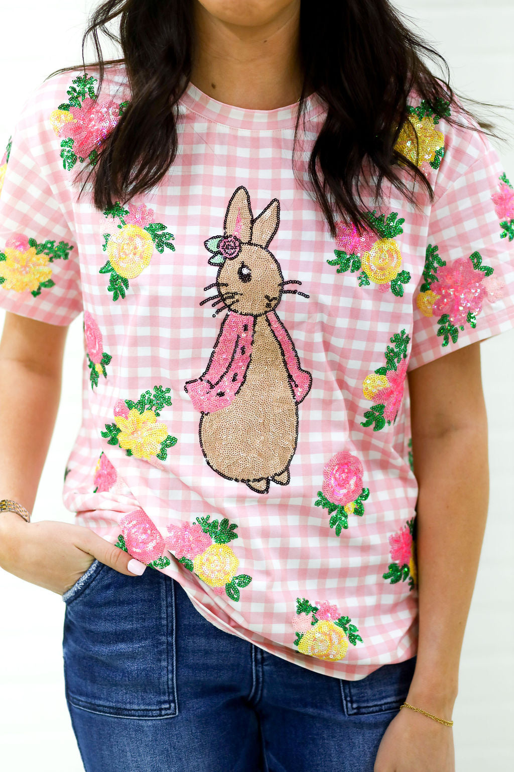 Adult Bunny in Bloom gingham Tee