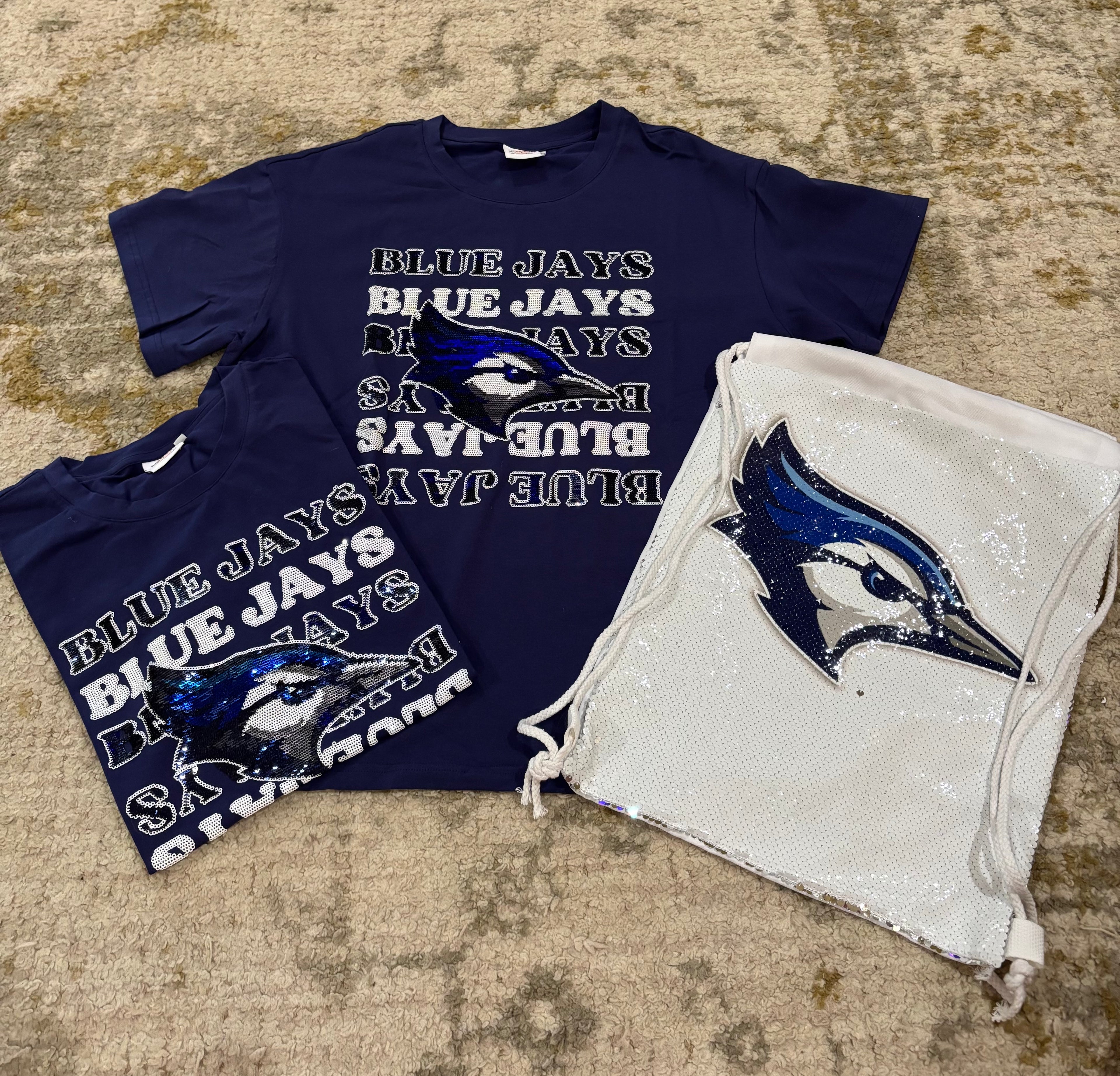 Blue Jay sequins drawstring bags